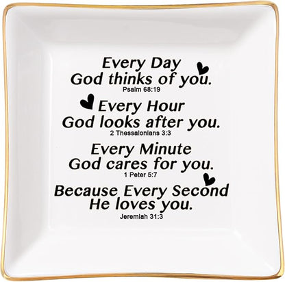 Spegiffu Christian Gifts for Women Faith Jewelry Dish with Bible Verse Prayers, Religious Gifts Scripture Gifts Spiritual Gifts for Women Men Friends Birthday - Every Second God He Loves You