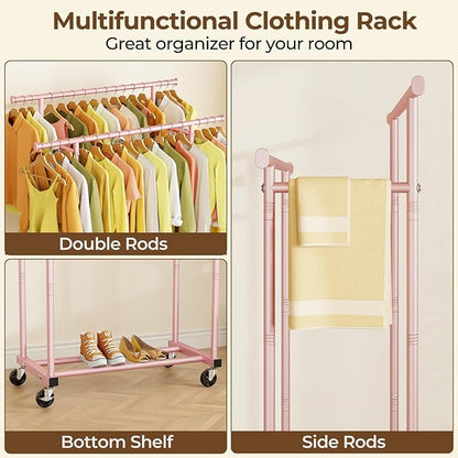 Double Rods Clothes Rack, Sturdy Rolling Clothing Rack, Portable Clothing Racks for Hanging Clothes - Metal Garment Rack Wardrobe Coat Rack for Bedroom Laundry Living Room, Pink