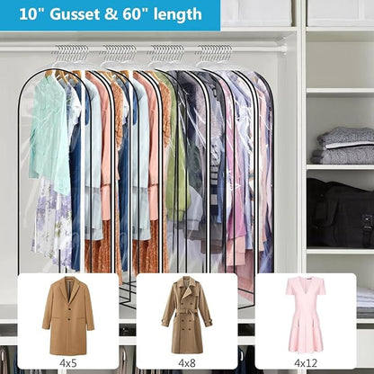 60" Clear Clothes Hangers with Smooth Side Zipper, 10" Gusseted Waterproof Garment Bags for Shirts, Coats, Dresses, Suits, 4 Pack
