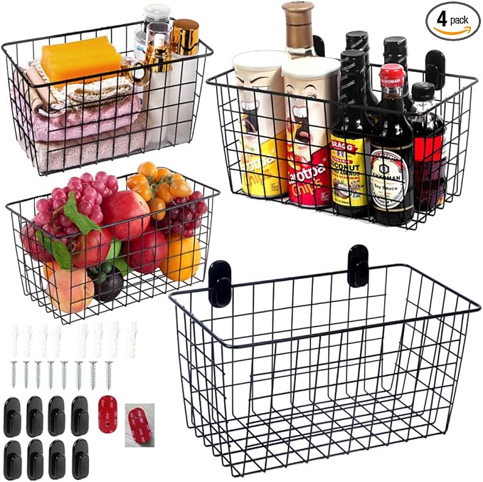 4 Pack【Extra Large】Hanging Kitchen Basket,Wire Storage Basket,with Traceless Tape and 3M High-Strength Plastic Hooks,no Drilling,for Cabinet Storage,Kitchen,Bathroom,Storage Room,large capacity