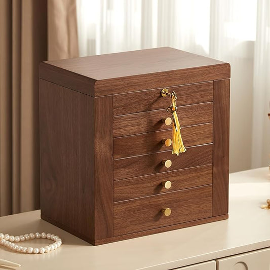 Homruilink Black Walnut Wooden Jewelry Box, Wood Jewelry Organizer with 2 Side Doors Mirror Lockable Classical Style for Watch Necklace Ring Earring Storage Christmas Gifts-6 Layer