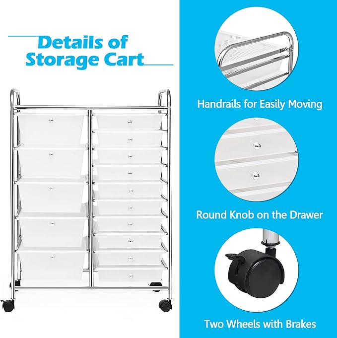KOTEK 15-Drawer Rolling Storage Cart, Multipurpose Mobile Utility Cart with 4 Wheels, Home Office School Tools Scrapbook Paper Organizer (Clear)