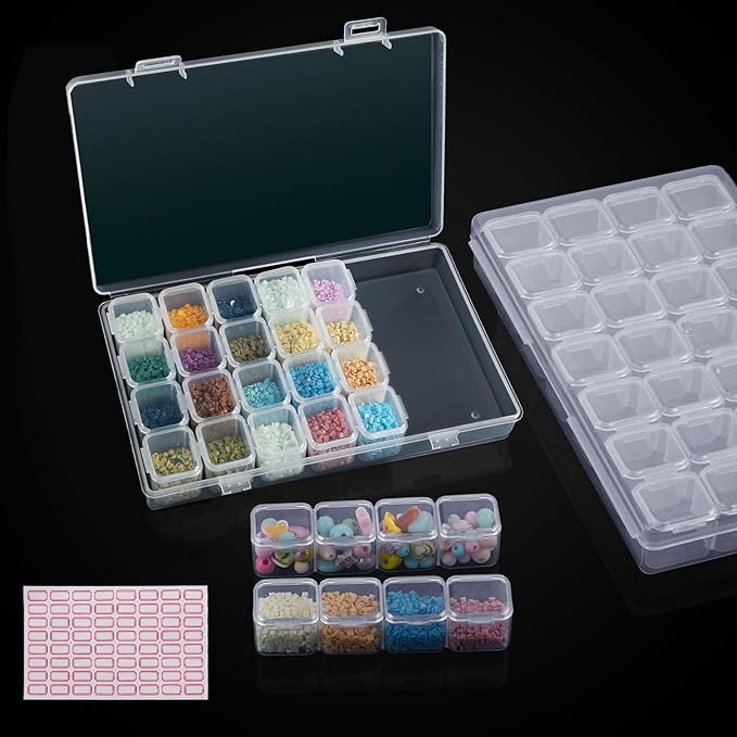 Ecurfu Diamond Painting Bead Storage Containers, 28 Girds 2 Pack, Diamond Art Organizer Box, Embroidery Storage with Label Stickers