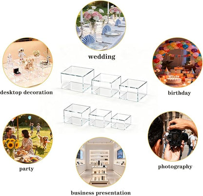 6 Pcs Buffet Risers and Stands, Food Risers Display Stands for Buffet Table, Acrylic Risers Display Stands for Catering Dessert, Party, Collectibles, Clear Cube Boxes Display with Hollow Bottoms (8" 7" 6" 5" 4" 3") (Clear)
