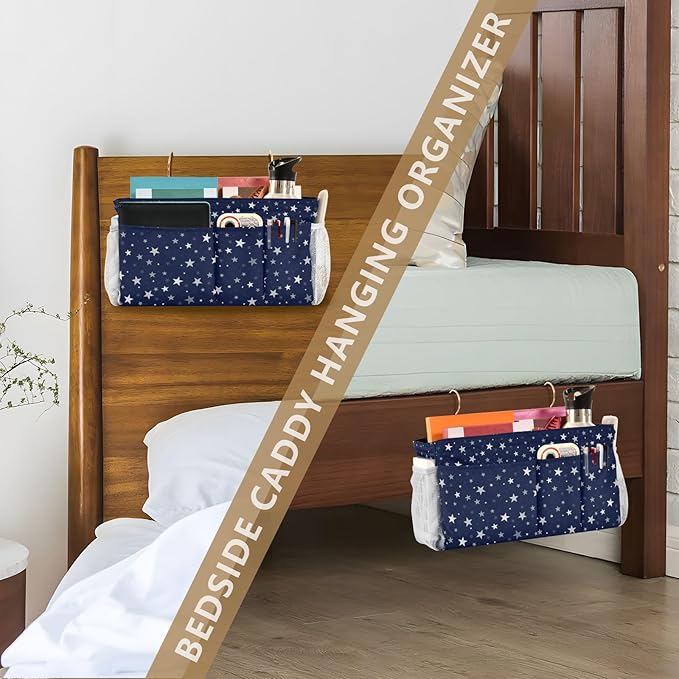 CuwrYet Bedside Caddy Hanging Bunk Bed Caddy Bed Organizer Hanging Pocket with 2 Hooks Bedside Storage Organizer Pocket Bag Holder Stars Dark Blue