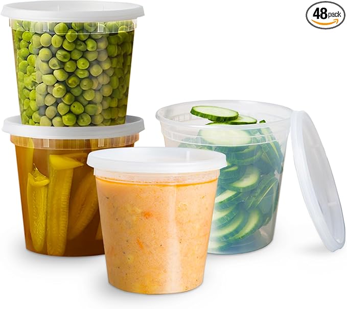 OCS Parts 48-Pack Round Plastic Deli Containers with Lids | Stackable, Microwavable, Freezer and Dishwasher Safe BPA Free Food Prep and Storage Containers (24 Ounce)
