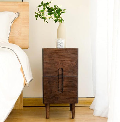 Cttasty Mid Century Modern Nightstand, Narrow Nightstand, Minimalist Side Table for Bedroom, 2-Drawer Bedside Tables (Walnut, 9.84inches)