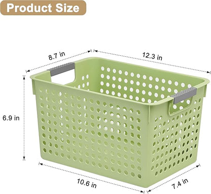 Soddeph 4 Pack Plastic Deep Storage Basket with Handles, Cubbies Organizer Bins with Hollow Design for Under Counter, Closet, Kitchen or Bathroom 12.3" × 8.7" × 6.9"(Green, Medium)