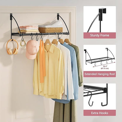 Tajsoon Over The Door Hanger with Storage Rack and 6 Hooks, Over The Door Hanger for Clothes, Door Clothes Hanger for Bathroom, Bedroom, Living Room, Black