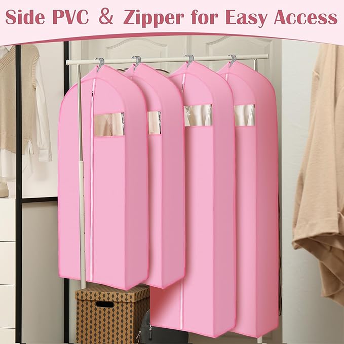 2 Pcs 10" Gusseted Garment Bags for Hanging Clothes Dress Bags for Gowns Long Closet Waterproof Garment Covers Wedding Dress Cover Traveling Clothes Protector(Pink,43 Inch)