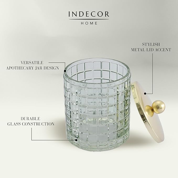Indecor Home Sage Colored Tranlucent Apothecary Etched Geometric Grid Glass Jar W/Gold Metal Lid Cover for Bathroom Organization, Cotton Balls, Q Tips, and Small Accessories, Bathroom Storage