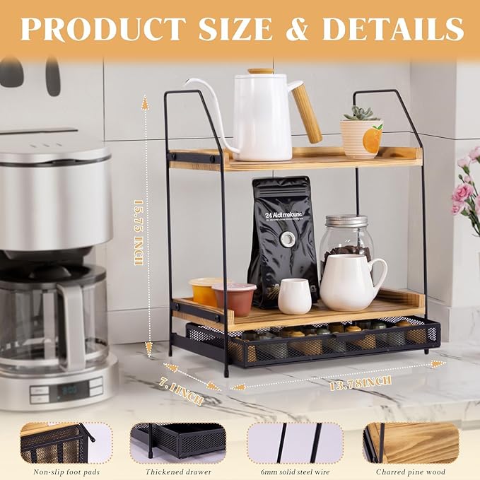 Coffee Bar Organizer Station | 2-Tier Wooden Shelf for K-Cup & Nespresso Pod Storage, Tea Bar Accessories and Coffee Pod Holder for Kitchen,Home, Office Countertop