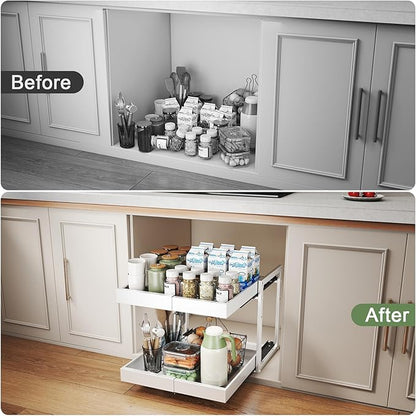 2 Tier Pull Out Cabinet Organizer ,Adjustable Width & Height, Expandable Pull-Out Drawers For Cabinets, Slide Out Shelves for Kitchen Cabinets / Countertop / Pantry,Heavy-Duty & Easy to Install(White)