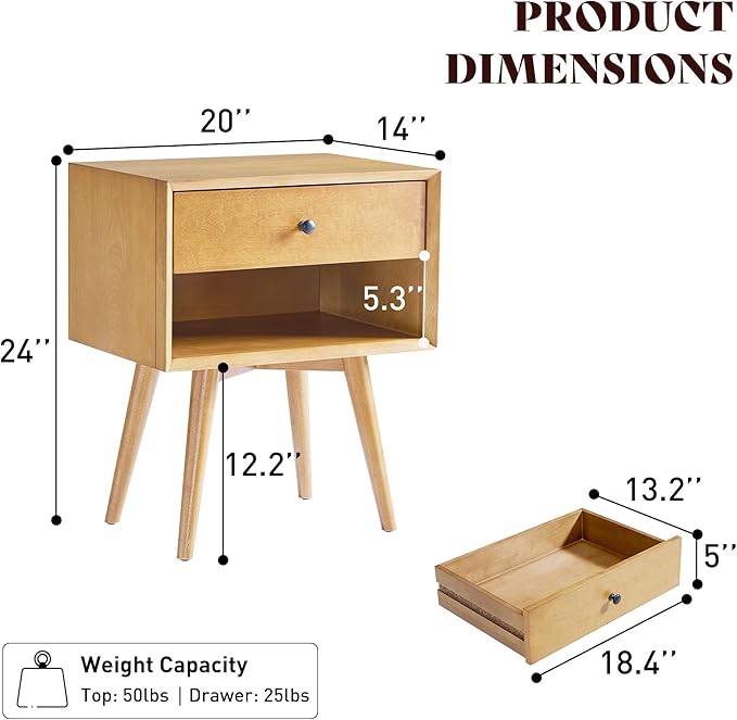 AMERLIFE Solid Wood Nightstand Set of 2, Fully Assembled End Table with Storage Drawer & Open Cubby, Mid-Century Modern Side Table for Bedroom, Natural