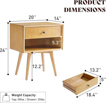 AMERLIFE Solid Wood Nightstand Set of 2, Fully Assembled End Table with Storage Drawer & Open Cubby, Mid-Century Modern Side Table for Bedroom, Natural