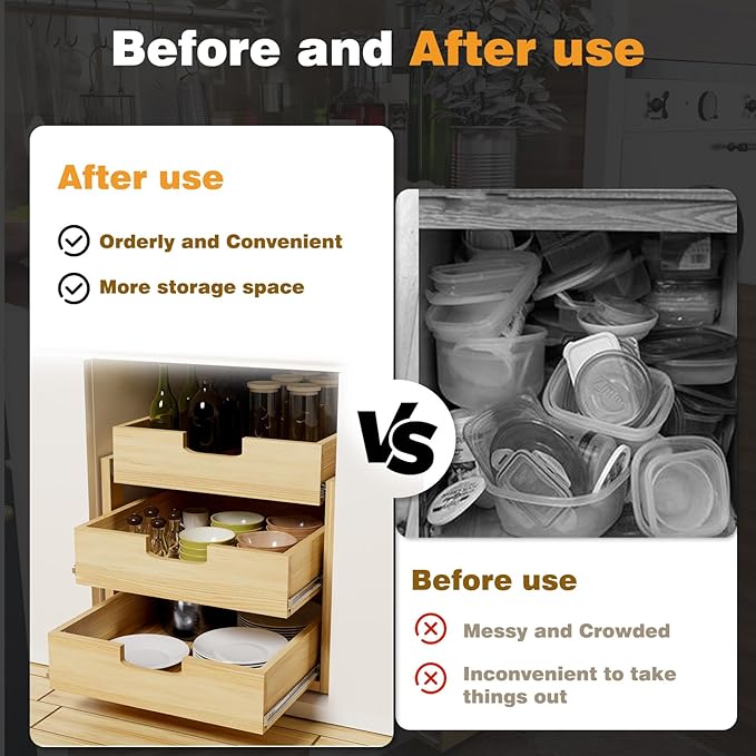 Pull Out Cabinet Organizer, 14''W×21''D Sliding Drawers for Cabinets, 3 Tier Soft Close Slide Out Wooden Pull out Drawers, Base Cabinet Organization for Kitchen, Pantry, Bathroom