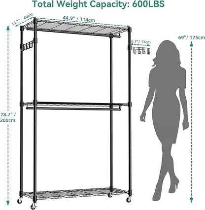 Heavy Duty Rolling Garment Rack, 3 Tiers Wire Shelves Adjustable Freestanding Portable Rolling Clothing Rack with Lockable Wheels, 44.9''L x 15.8''W x 78.8''H, Max Load 600LBS