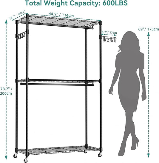 Heavy Duty Rolling Garment Rack, 3 Tiers Wire Shelves Adjustable Freestanding Portable Rolling Clothing Rack with Lockable Wheels, 44.9''L x 15.8''W x 78.8''H, Max Load 600LBS