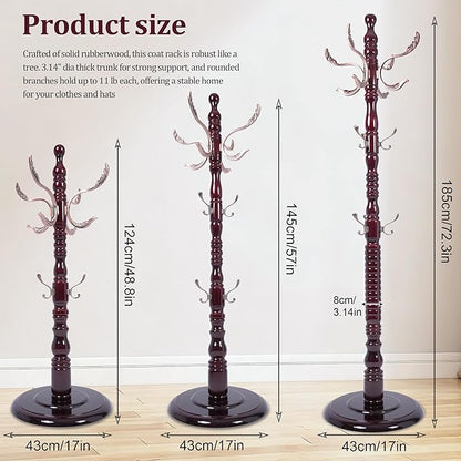 73" Wooden Coat Rack Freestanding, Coat Rack Stand With 18 Hooks And Round Solid Wood Base，Adjustable Height, Easy To Assemble For Entrance Hallway Office Living Room Bedroom (Metal)