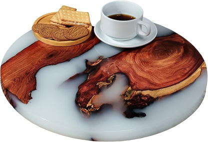 Handmade Reversible 16" Wood and Epoxy Resin Lazy Susan, Turntable for Kitchen Countertop, Rotating Display Stand, Organizer and Storage for Dining Table, Cup Board, Home Decor (White)