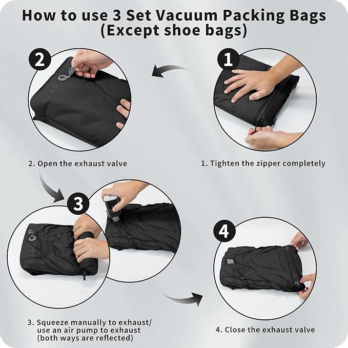 Eulant 4 Set Vacuum Packing Bags for Travel With Pump,Professional IPX8 Zip Packing Organizer for Suitcases Backpack,Space Saver Bags Packing Organizers for Clothing Packing(4 Set No Pump,Black)