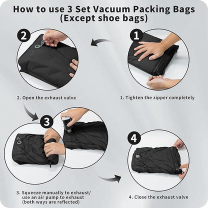 Eulant 4 Set Vacuum Packing Bags for Travel With Pump,Professional IPX8 Zip Packing Organizer for Suitcases Backpack,Space Saver Bags Packing Organizers for Clothing Packing(4 Set No Pump,Black)