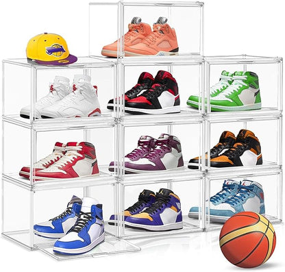 DAYOOH 10 Pcs Clear Shoe Storage Boxes Stackable Acrylic Sneaker Shoe Display Case Size 14, Transparent Storage Bins for Boot Handbag Organizer Containers with Magnetic Lids