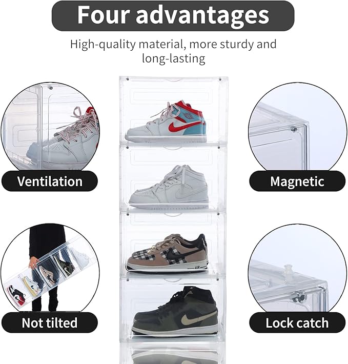 OMOPIN 8 PACK XL Shoe Storage Box,Drop Side Sneaker Display Case,Shoe Boxes Clear Plastic Stackable 13.4”x 10.6”x 8.3” Fit up to US 13 (Clear 8Pack)