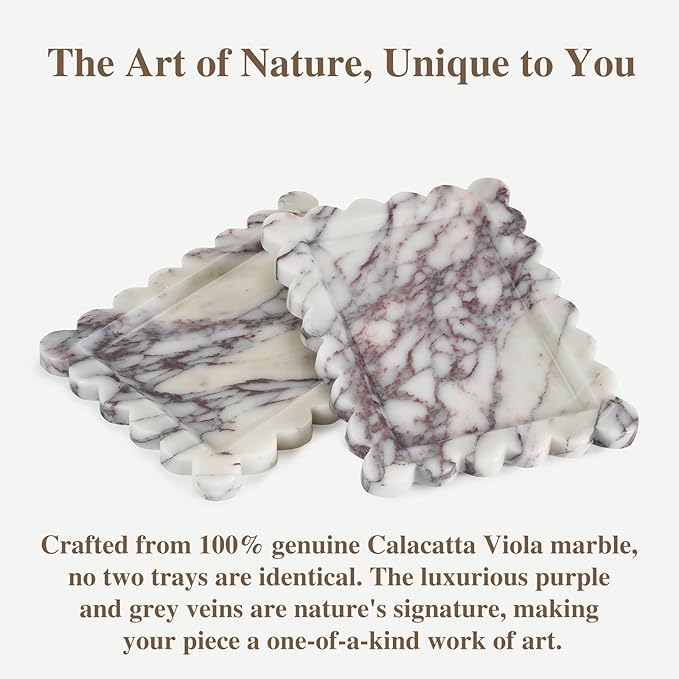 Calacatta Viola Scalloped Marble Tray, 11" x 8" Real Natural Marble Stone Tray, Luxury Decorative Tray for Bathroom, Kitchen Counter, Vanity, Dresser, Home Decor, Organizer for Jewelry & Cosmetics