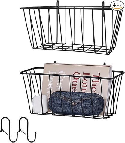 4 Pack Large Grid Wall Baskets with S-Hook - Gridwall Accessories Set Black Metal Hanging Shelf Basket Bins Organizer - Modular Storage Holders for Photo Display Panel Shelving Caddy for Garage