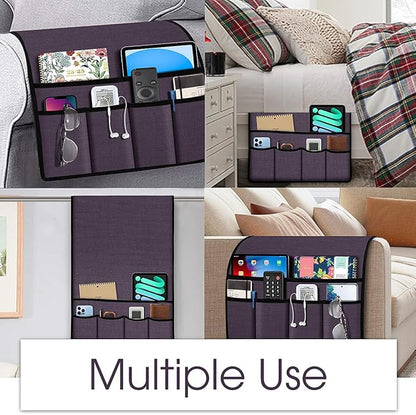Joywell Remote Holder for Recliner Armchair Caddy Couch Armrest Non Slip Sofa Arm Chair Caddie with 6 Pocket for Magazine, Tablet, Phone, iPad, Think Linen, Plum