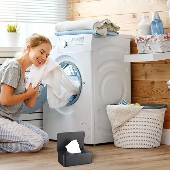Dryer Sheet Holder with Hinged Lid,Plastic Dryer Sheet Dispenser Container Storage Box Fabric Softener Sheets Holder for Laundry Room Decor(Black)