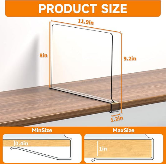 Yieach 4 Pack Clear Acrylic Shelf Divider for Closet Organization - 9.2″ Tall Closet Dividers for Wood Shelves,Cupboard,Vertical Shelf Separators in Closet for T-Shirt,Purse,Handbag,Sweater Organizer