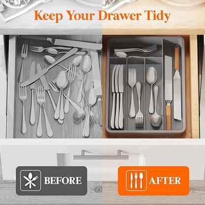 Lifewit Silverware Tray, Deep Wide Cutlery Drawer Organizer Storage for Kitchen, Plastic Flatware Utensil Holder Divider for Spoons Forks Knives Tableware, 5 Compartment, Gray