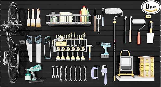Slatwall Panel Wall Storage Systems, 4x8 ft Slat Wall Paneling Garage Wall Organizer with Six Hooks, Heavy Duty Wall Mounted PVC Wall Rack, Black