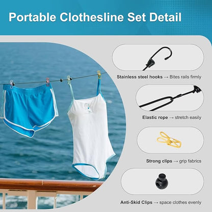 2 Pack Camping Portable Clothesline with for Travel 12 Clips, Colorful & Blue Windproof Retractable Clothesline Kit for Camping, Home, Cruise, Hotel