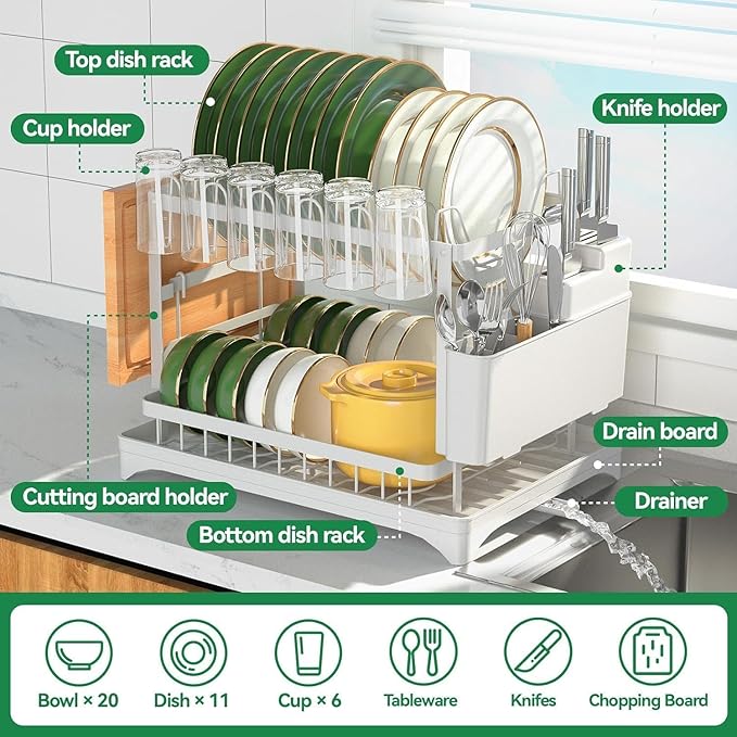 2-Tier Dish Drying Rack for Kitchen Counter - Space-Saving Dish Drainer with Extendable Drainboard, Removable Cutlery Holder, Cup & Knife Slots, Multifunctional Plate & Bowl Organizer (White)