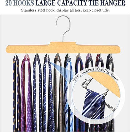 2PC Tie Rack Hanger for Closet Fitnice Upgraded Non Slip Tie Holder Organizer Space Saving with 20 Foldable Hooks Wooden Belt Hanger for Tank Tops Bras Cami Scarves