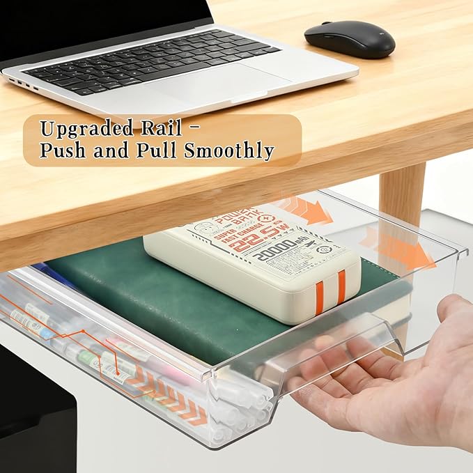 2 Pair Under Desk Drawer Organizer, Self-Adhesive Slide Out Storage Organizer, Hidden Desktop Organizers, Self-Adhesive Table Storage Accessories for Home Office and School