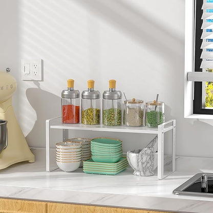 Expandable Cabinet Organizer Shelves, 88lbs High Weight Capacity, Heavy-Duty Metal Storage Rack, Adjustable Cabinet Shelf for Kitchen, Pantry, Cupboard, Under Sink, White, Patent Pending