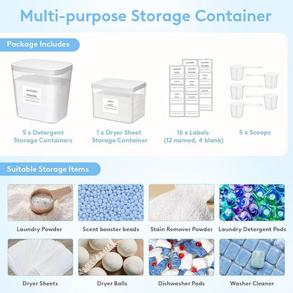 Lifewit Laundry Pods Container with Pop-up Lid, Detergent Dispenser, Dryer Sheet Holder, Laundry Room Organization Storage Jars for Washing Powder, Soap, Scent Booster Beads,0.5+0.72gal, 6 Pcs
