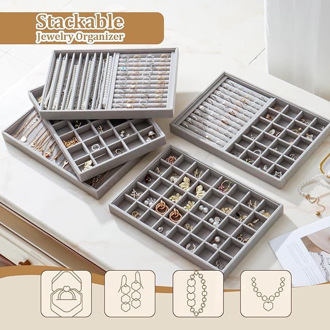KATISYIO Large Velvet Jewelry Tray 2 Pack Stackable Jewelry Display Drawer Inserts Trays Organizer for Earring Bracelet Necklace Ring (Gray, 40 Grids)