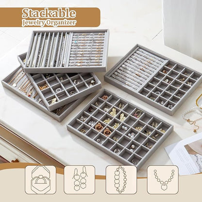KATISYIO Large Velvet Jewelry Tray 2 Pack Stackable Jewelry Display Drawer Inserts Trays Organizer for Earring Bracelet Necklace Ring (Gray, 40 Grids)