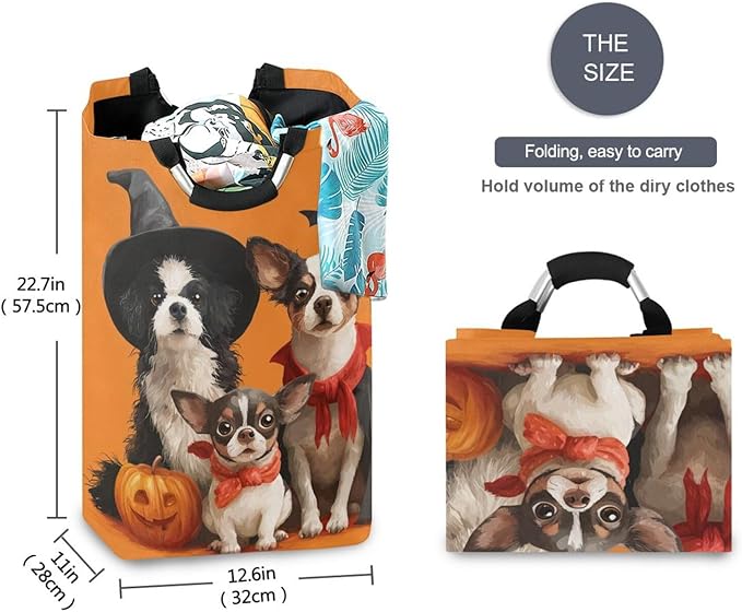 Laundry Hamper Basket Halloween Dogs Orange Storage Basket Collapsible Clothes Hamper with Handle Decorative Organizer Bins Basket for Blanket Toys Bathroom Dorm College