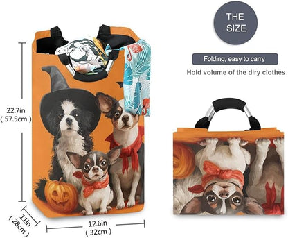 Laundry Hamper Basket Halloween Dogs Orange Storage Basket Collapsible Clothes Hamper with Handle Decorative Organizer Bins Basket for Blanket Toys Bathroom Dorm College