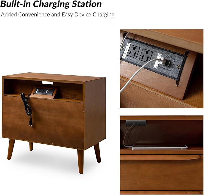 HULALA HOME End Table with Charging Station, Mid-Century Modern 2 Drawer and Open Shelf, Fluted End Table（Acorn, Set of 2）