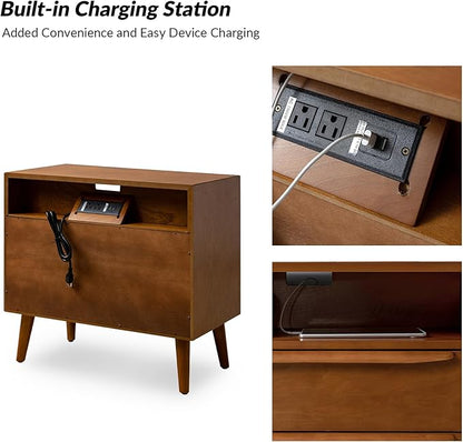 HULALA HOME End Table with Charging Station, Mid-Century Modern 2 Drawer and Open Shelf, Fluted End Table（Acorn, Set of 2）