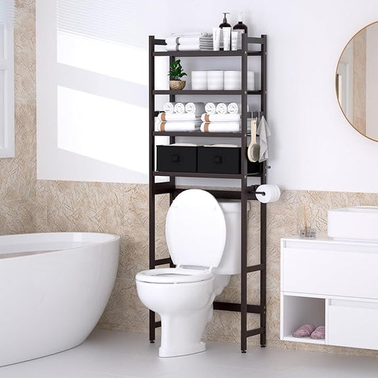 Cozivolife Over The Toilet Storage with 2 Baskets, 4-Tier Bamboo Organizer Rack with Paper Holder & 4 Hooks & Waterproof Feet Pad,Freestanding Shelf for Bathroom(Brown)