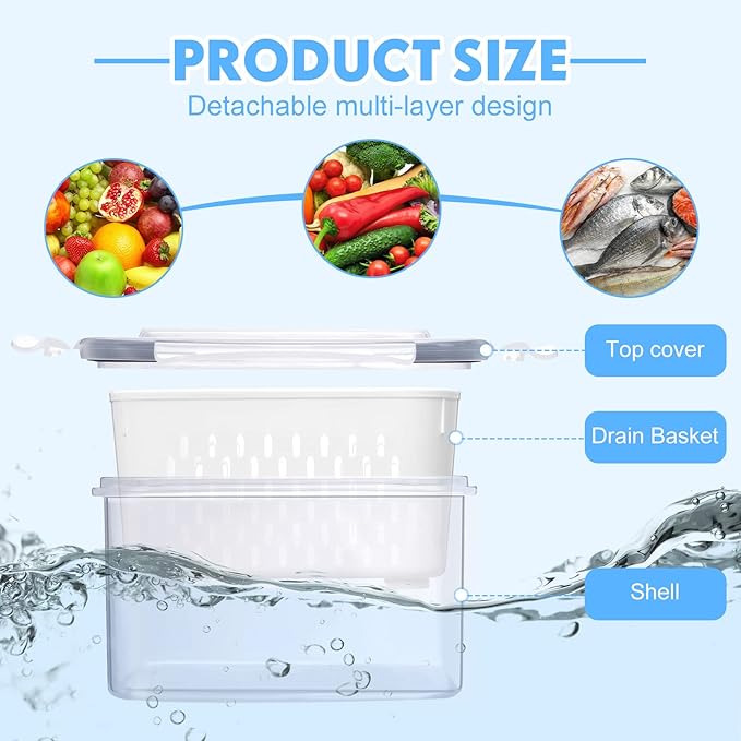 Potchen 6 Pcs Fruit Storage Containers for Fridge, Food Storage Containers Berry Produce Fridge Organizer with Removable Colander Keep Fruits, Vegetable, Veggie, Meat Fresh Longer(Medium, Small)