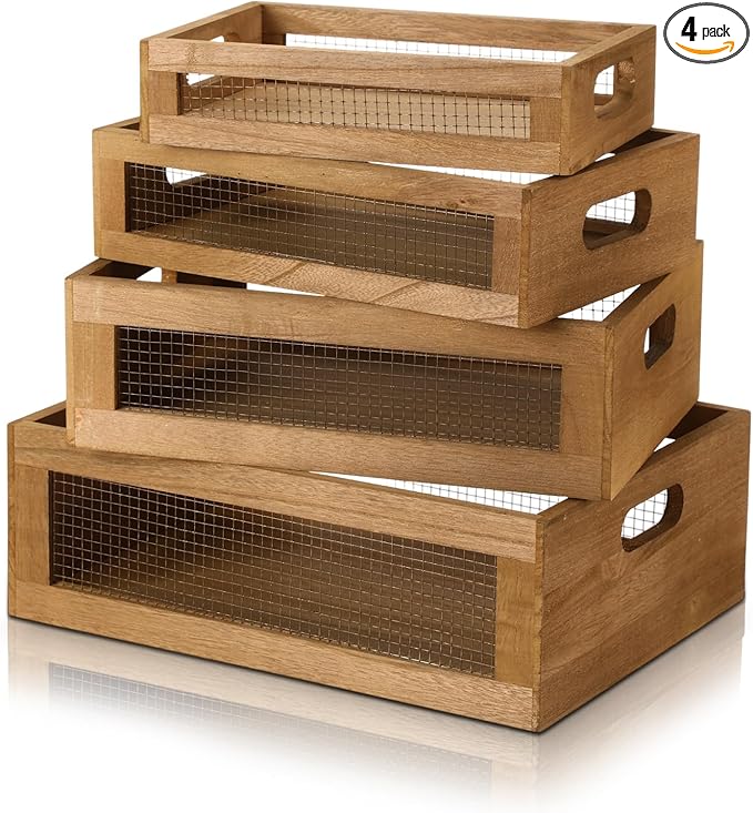 4 Pcs Wooden Nesting Countertop Baskets 4 Size Wooden Storage Box with Handle and Metal Wire Multipurpose Wood Organizer Crate for Fruit Vegetable Kitchen Cabinet Bathroom(Dark Brown,Small)
